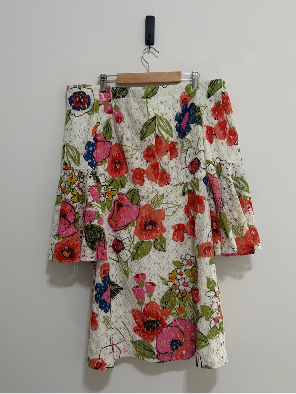 Trina Turk White Lace Off the Shoulder dress w/ Pink, Red and Blue Floral Print